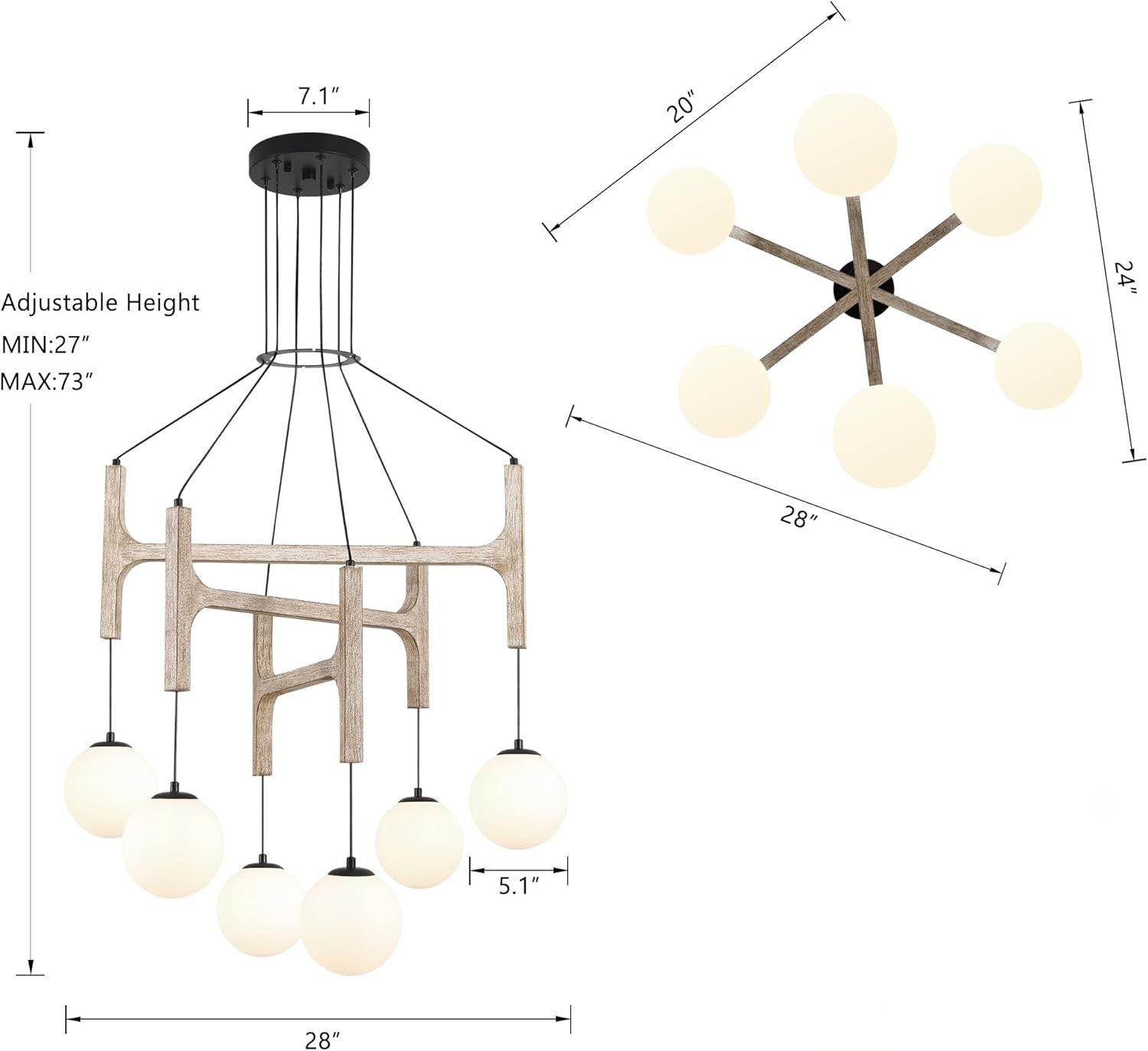 Astraea Farmhouse Wooden Branch Milk Glass Globe Chandelier