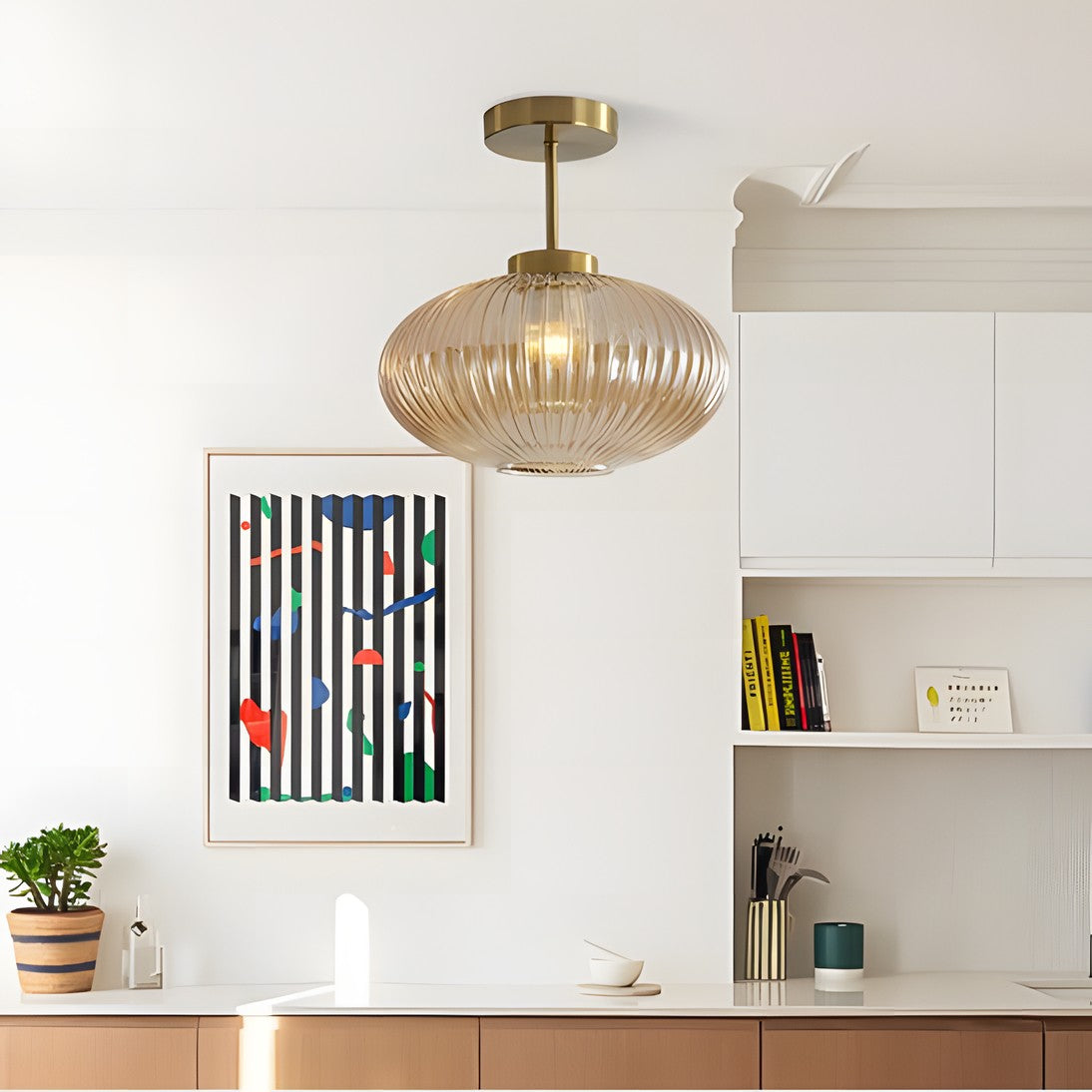 Jorik Natural Green Ribbed Glass Oval Ceiling Light