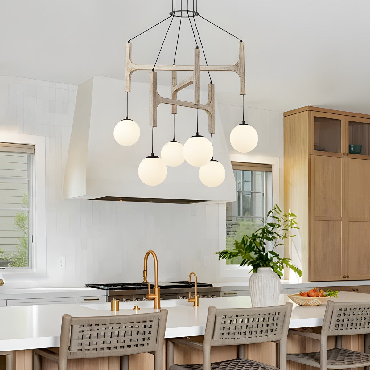 Astraea Farmhouse Wooden Branch Milk Glass Globe Chandelier