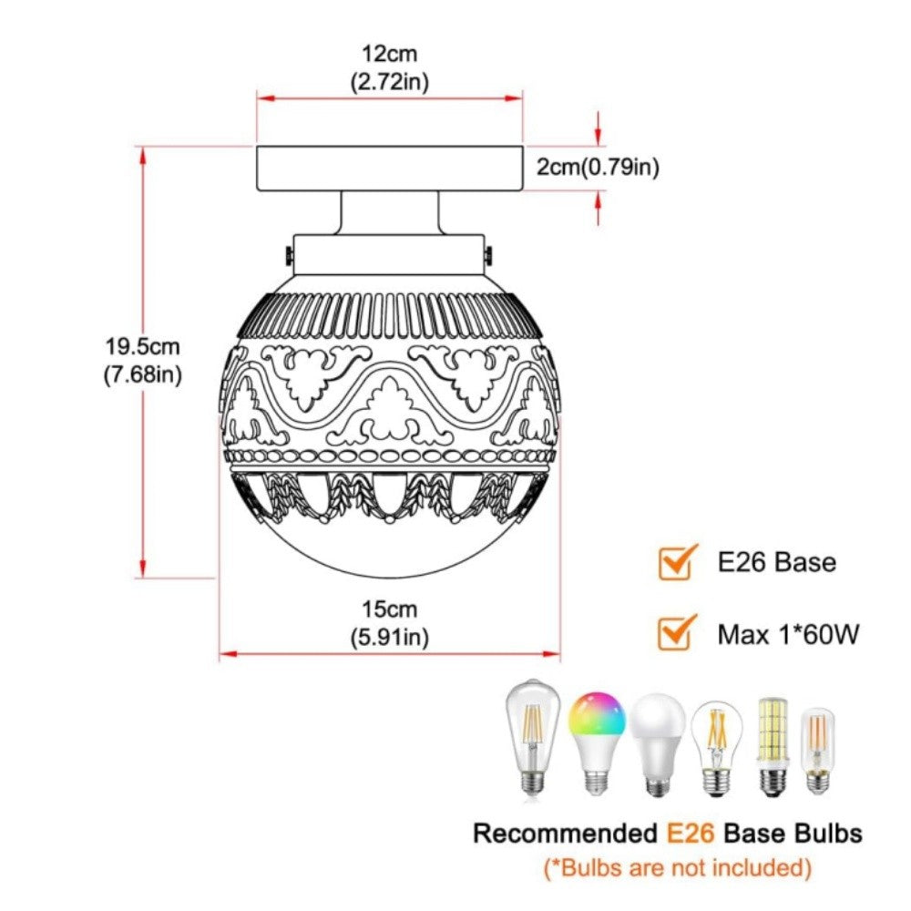 Ixionis Vintage Engraved Pattern Globe Glass Flush Mount Ceiling Light