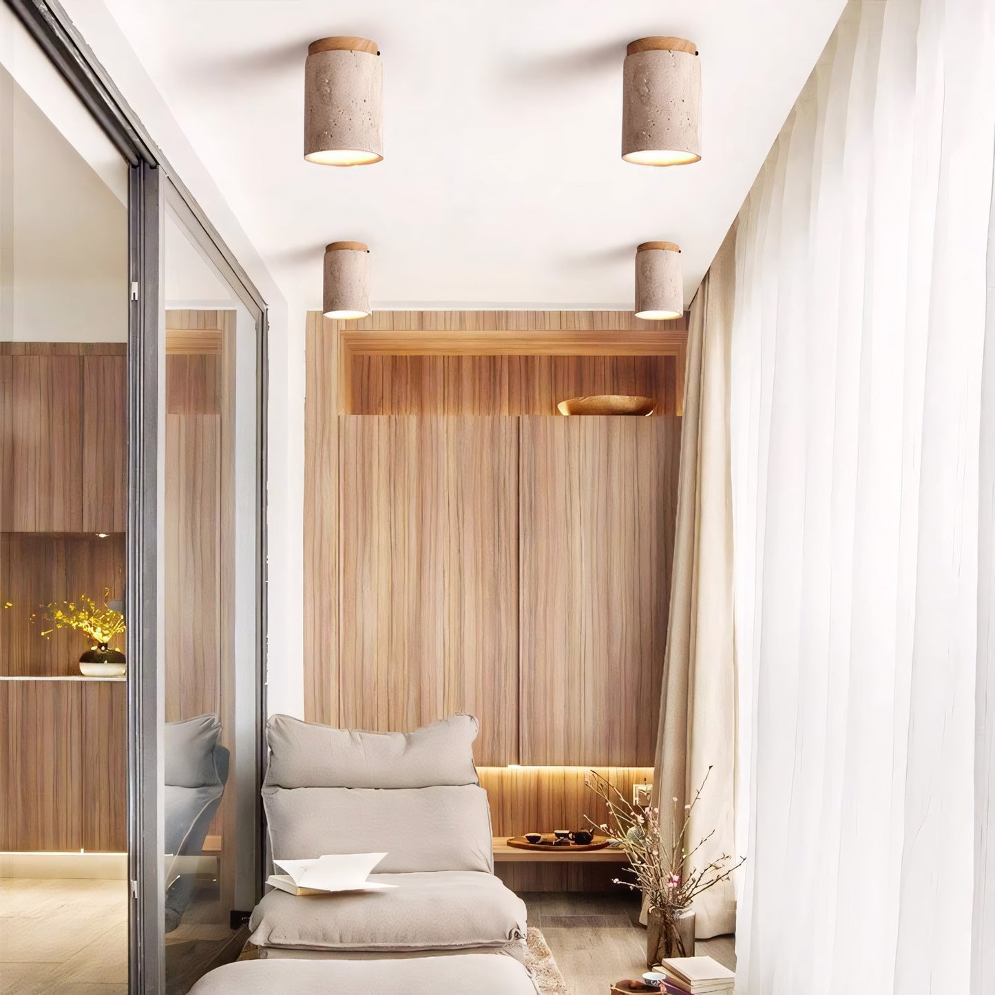 Hyrion Mini Wood And Stone Cylinder Travertine Ceiling Light