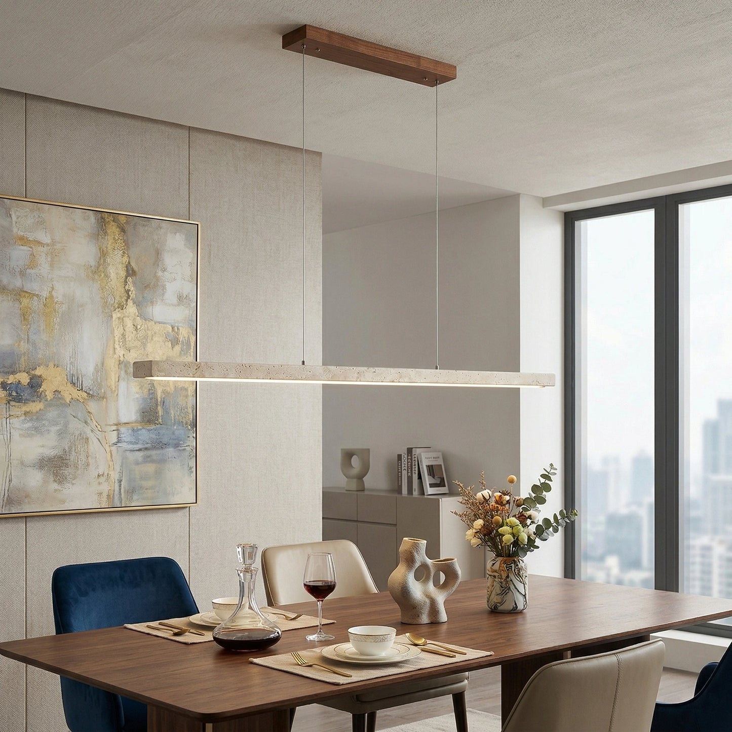 Umberto Minimalist Travertine Linear Pendant Light
