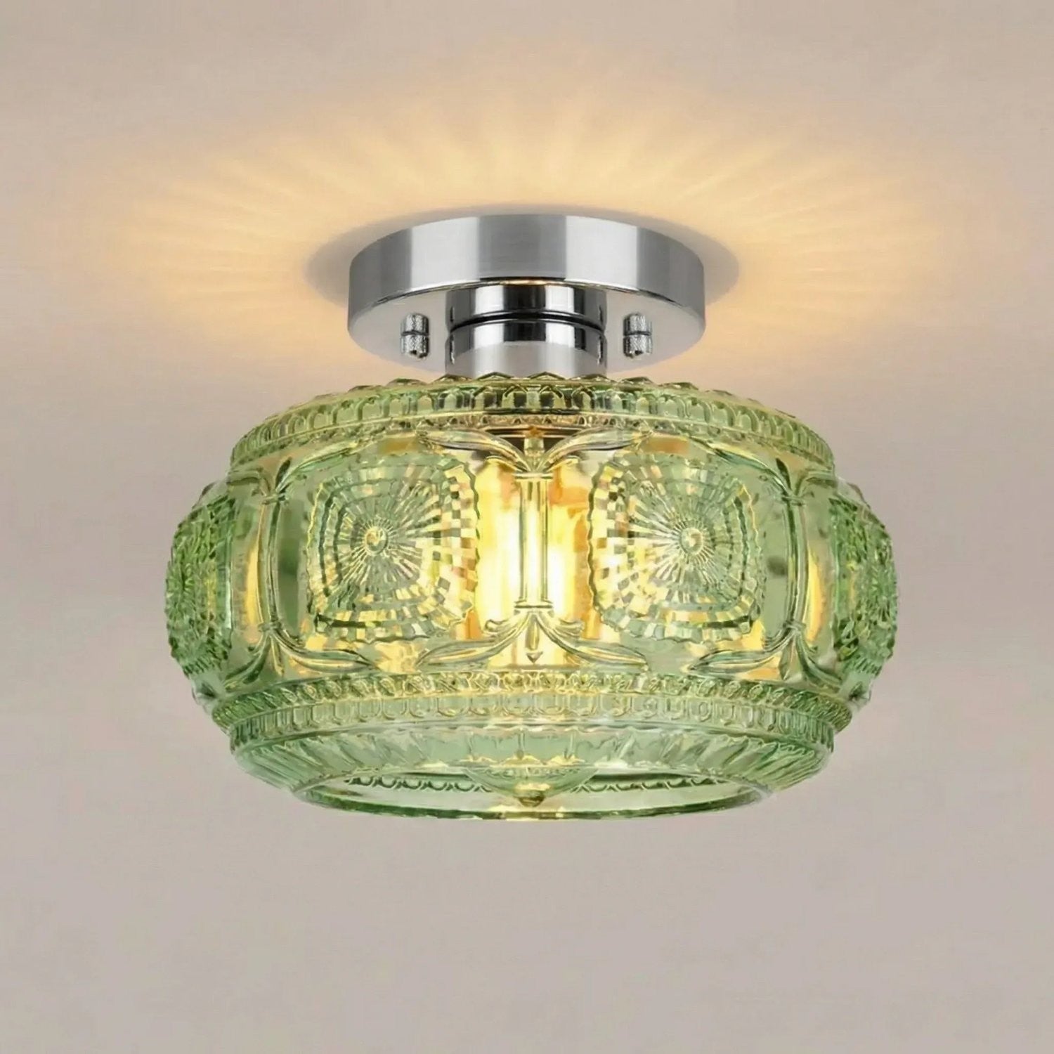 Ixionis Retro Carved Glass Semi Flush Ceiling Light