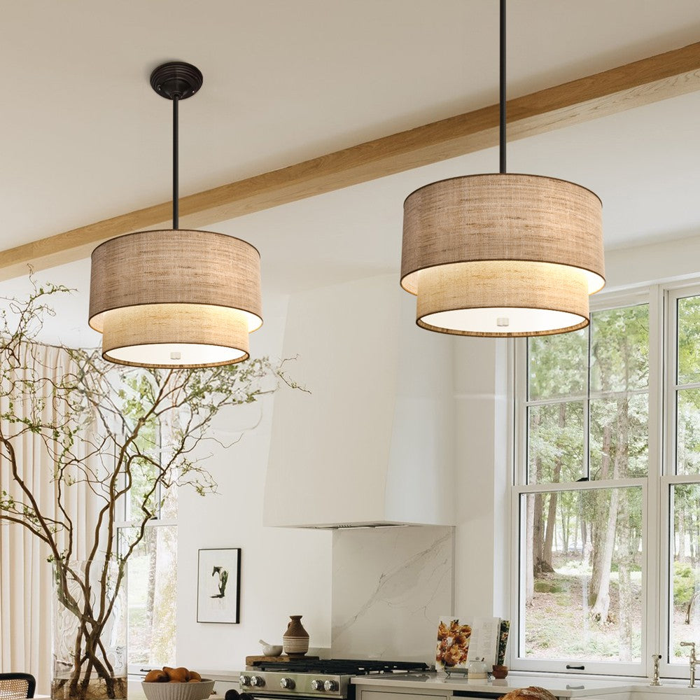 Javier Natural Linen Double Fabric Drum Pendant Light