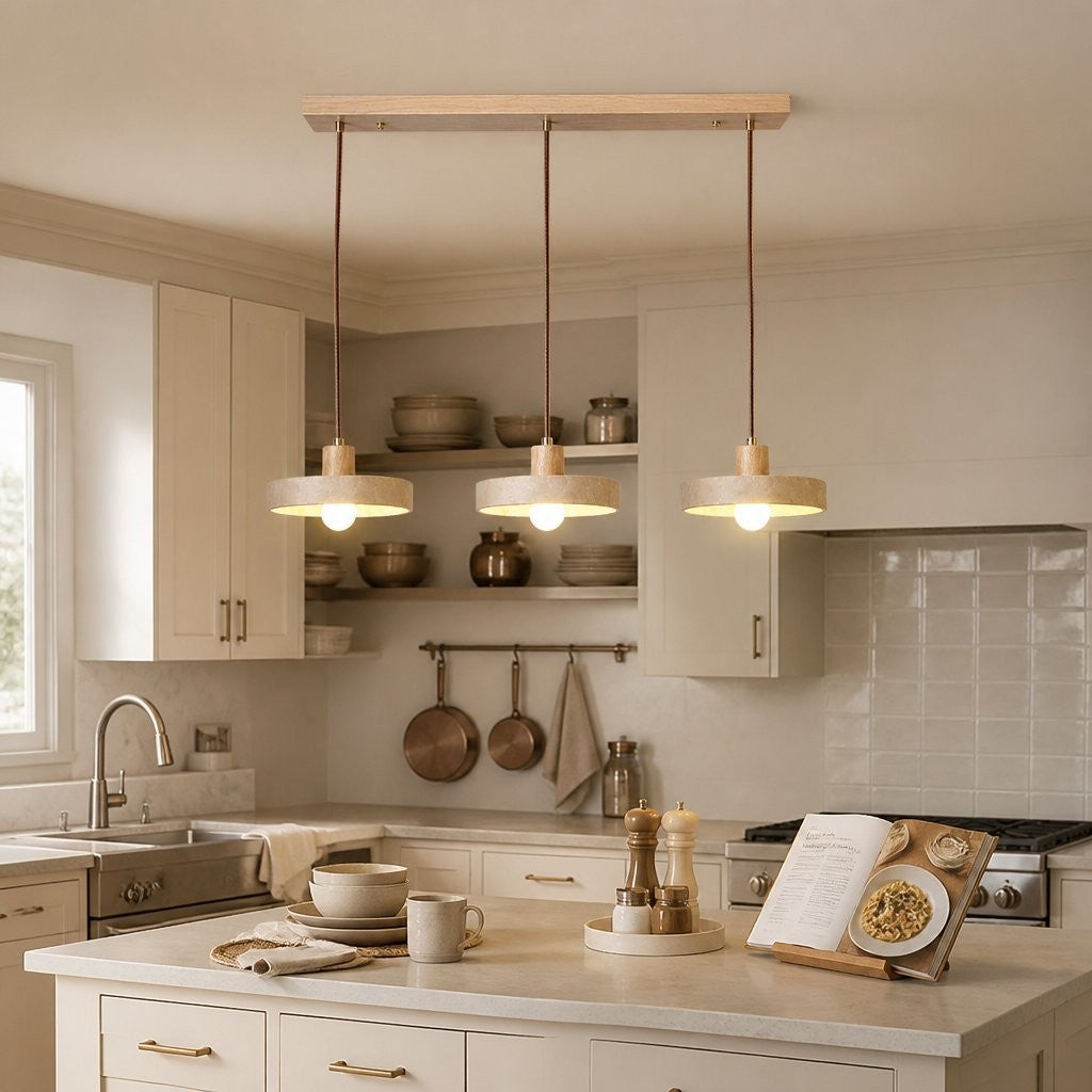 Harlow Wabi-Sabi Travertine & Wood Circular Pendant Light
