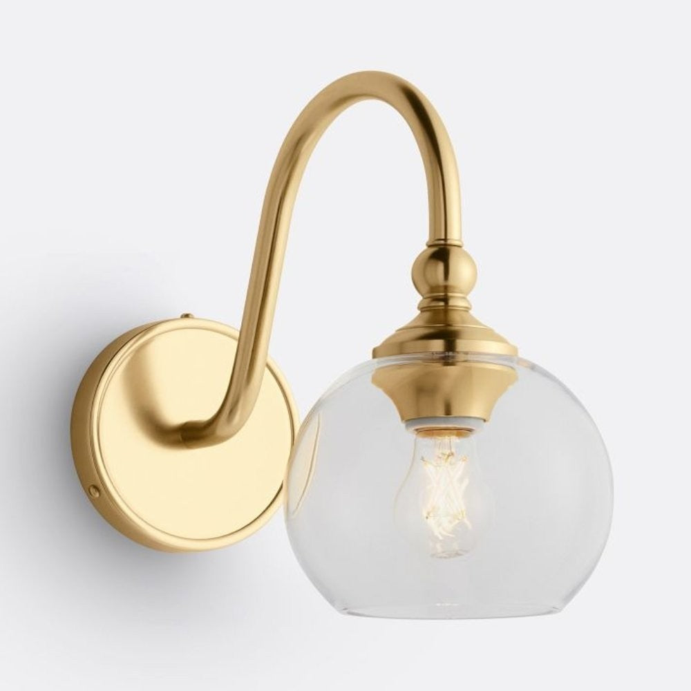 Cygnira Vintage Brass Glass Curved Neck Wall Light