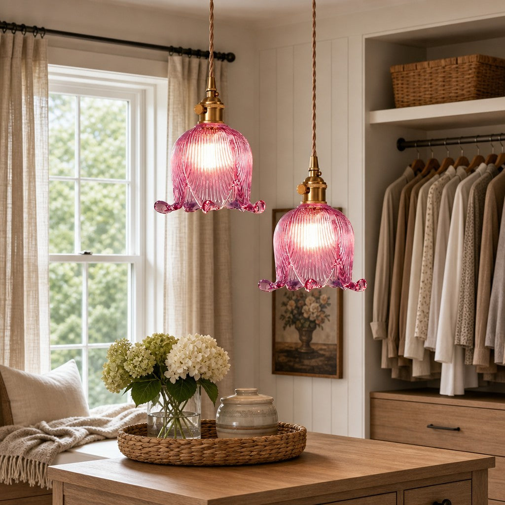 Fawen Retro Floral  Ribbed Glass Shade Pendant Light