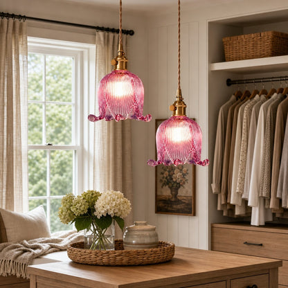 Fawen Retro Floral  Ribbed Glass Shade Pendant Light