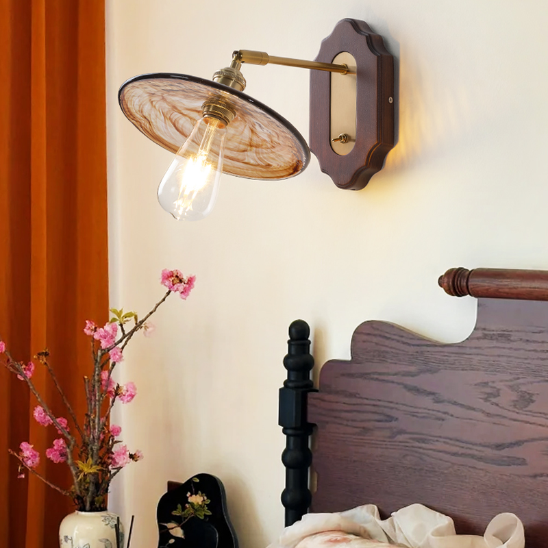 Poulsen Rustic Wood Amber Round Glass Wall Light