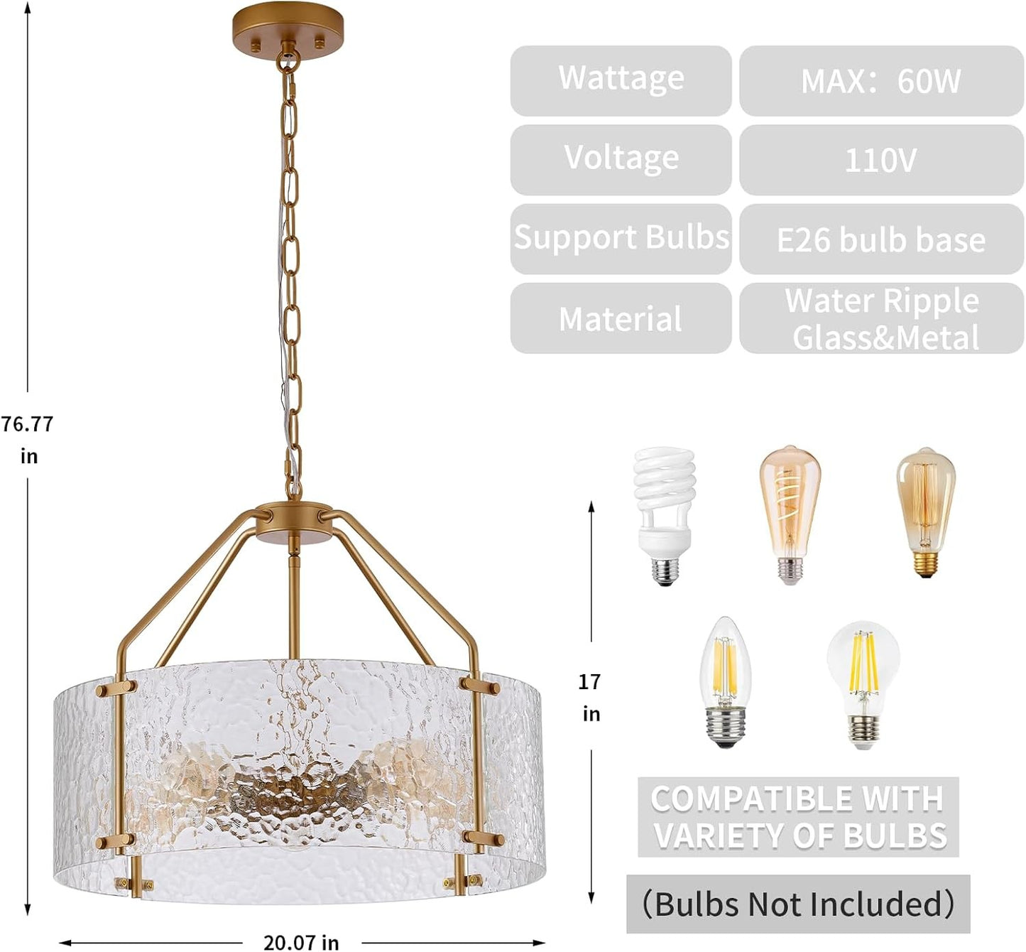 Elys Modern Water Corrugated Glass Drum Shade Pendant Light