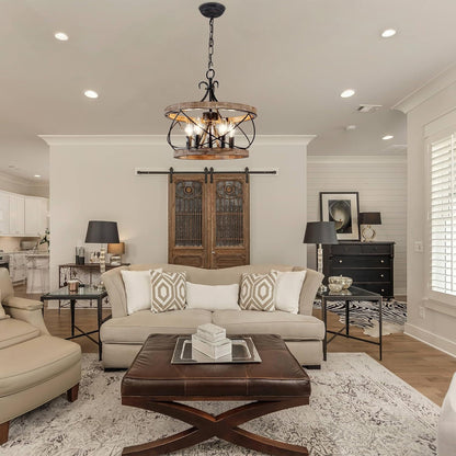 Cael Farmhouse Drum Wood Cage Pendant Light