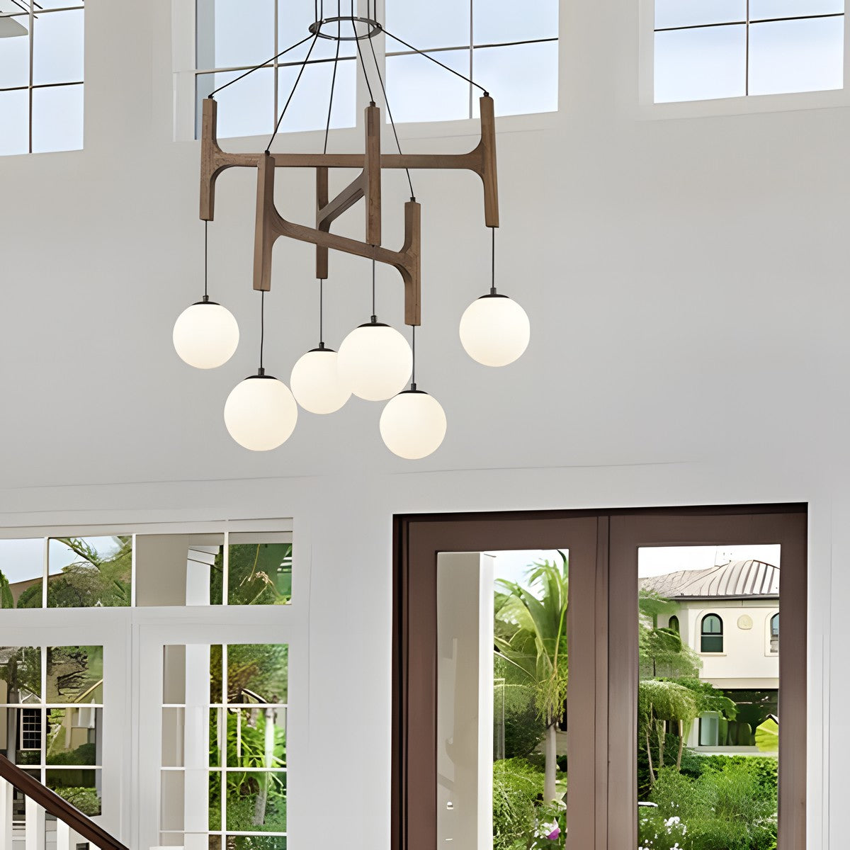 Astraea Farmhouse Wooden Branch Milk Glass Globe Chandelier