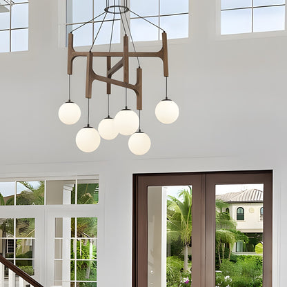 Astraea Farmhouse Wooden Branch Milk Glass Globe Chandelier