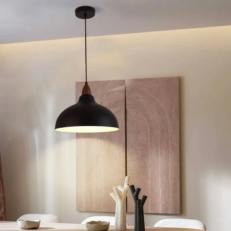 Zarek ‎Minimalist Walnut Wrought Iron Bowl Shaped Pendant Light