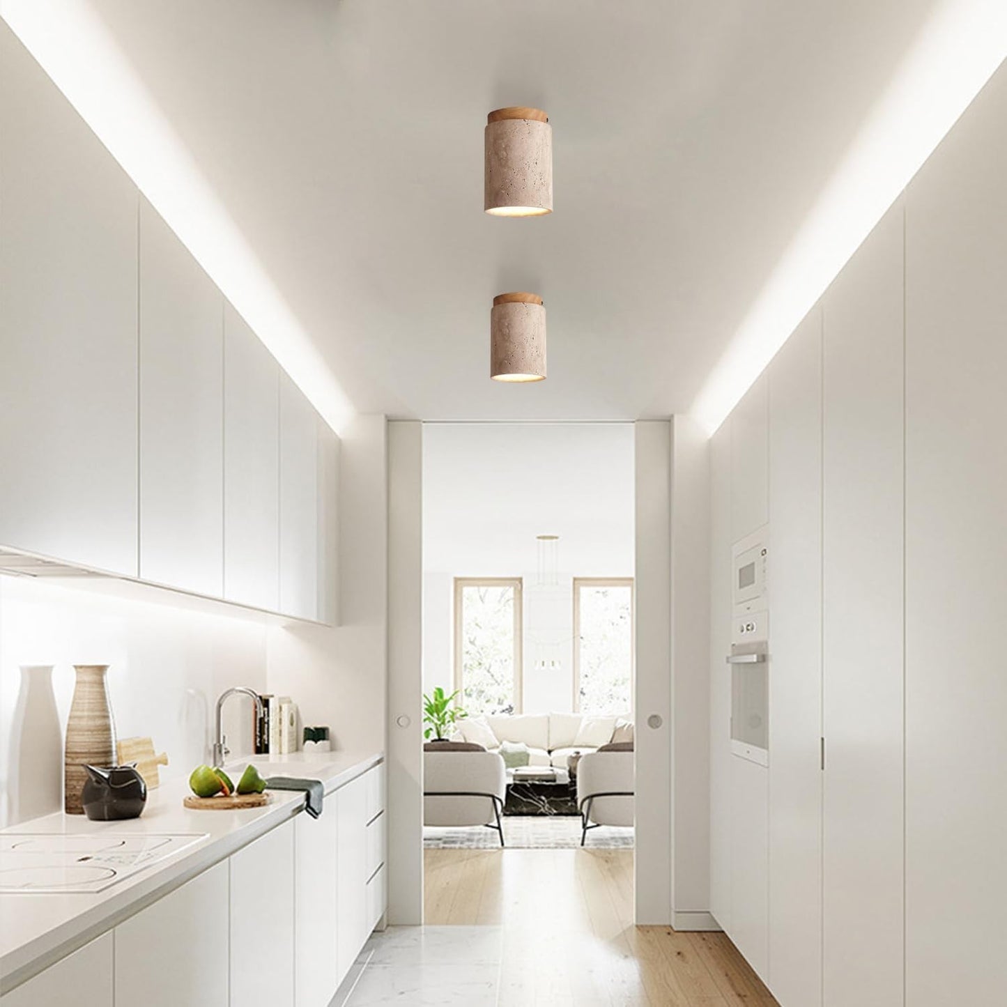 Hyrion Mini Wood And Stone Cylinder Travertine Ceiling Light