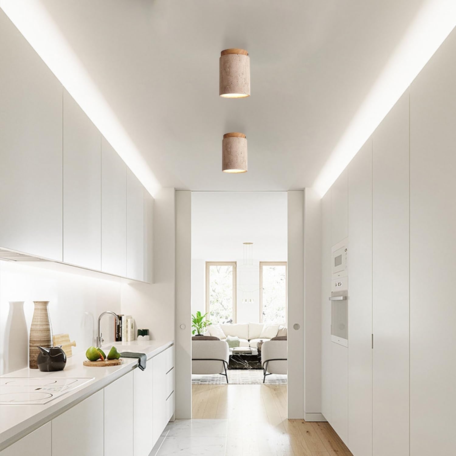 Hyrion Mini Wood And Stone Cylinder Travertine Ceiling Light