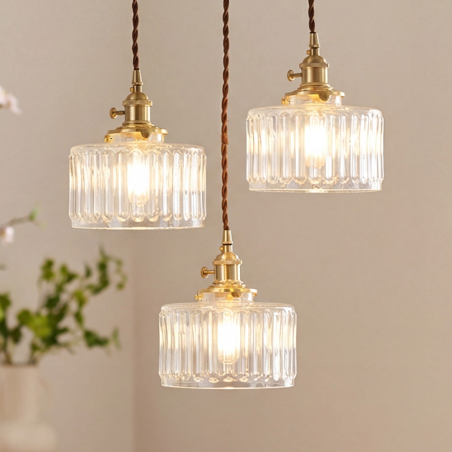 Zavier Vintage Cylinder Wave Pattern Glass Shade Pendant Chandelier