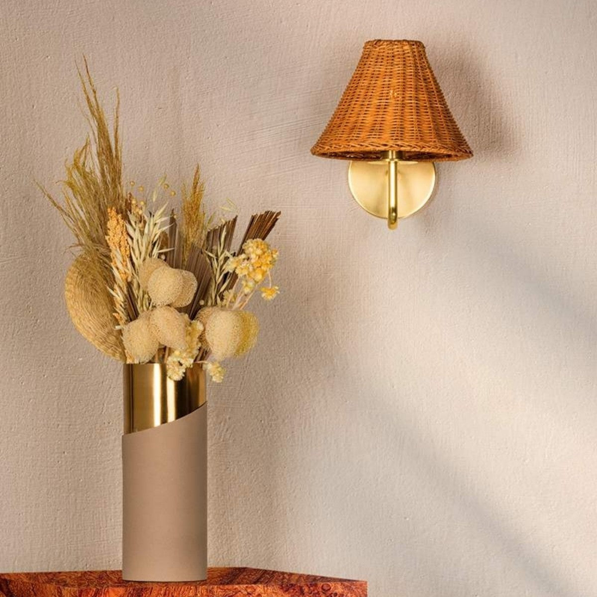 Betty Natural Rattan Cone Brass Wall Sconce