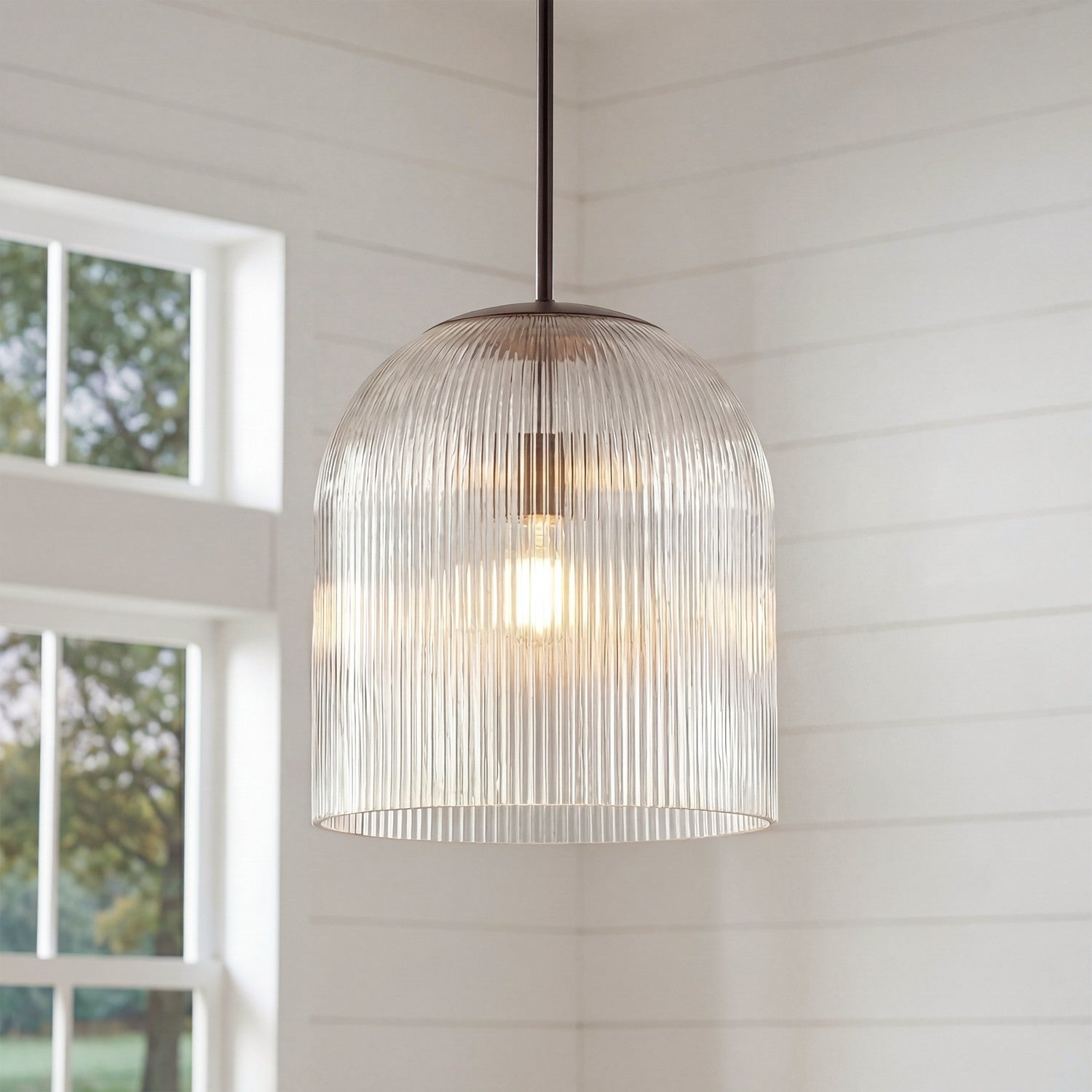 Alain Farmhouse Cooper Ribbed Glass Pendant Light