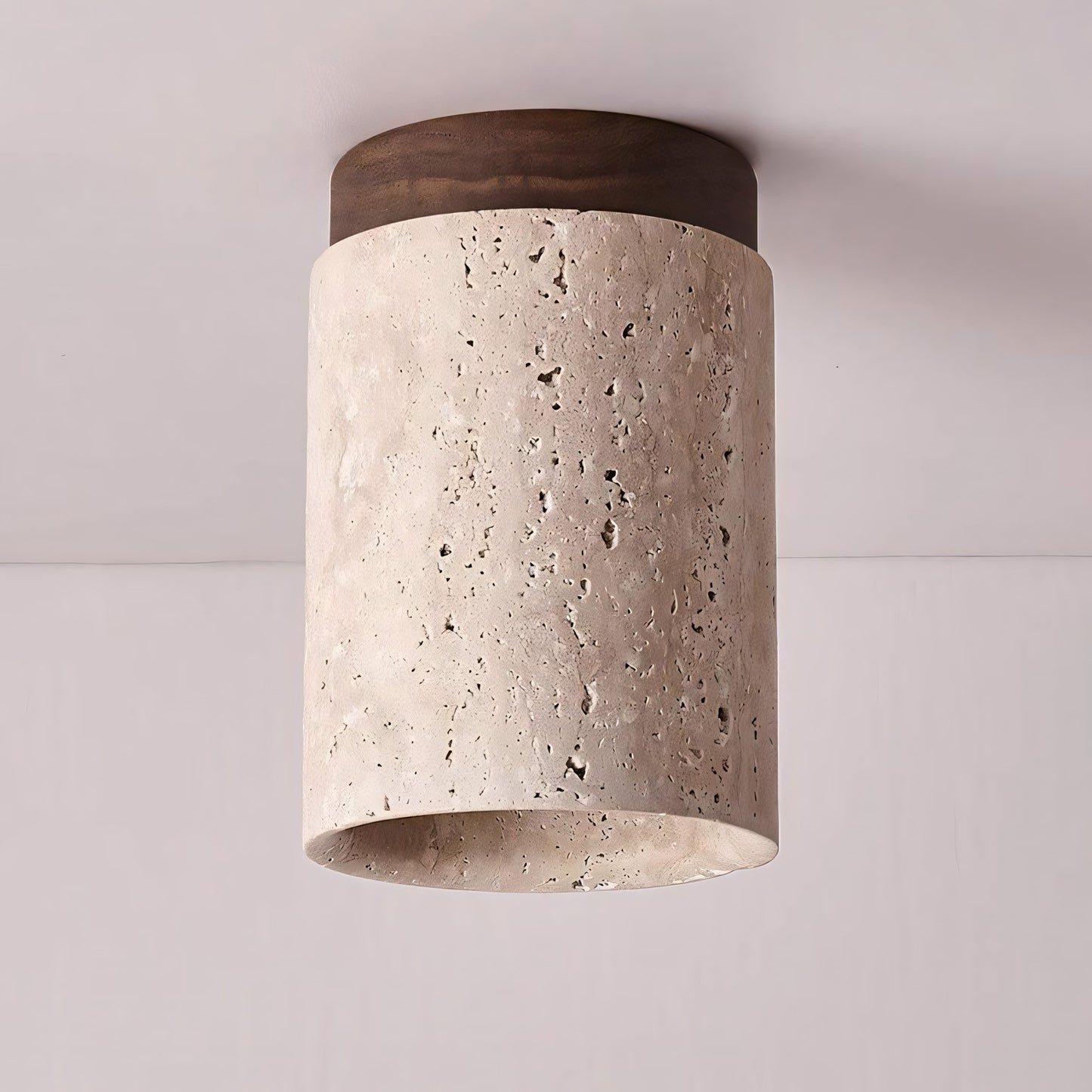 Hyrion Mini Wood And Stone Cylinder Travertine Ceiling Light