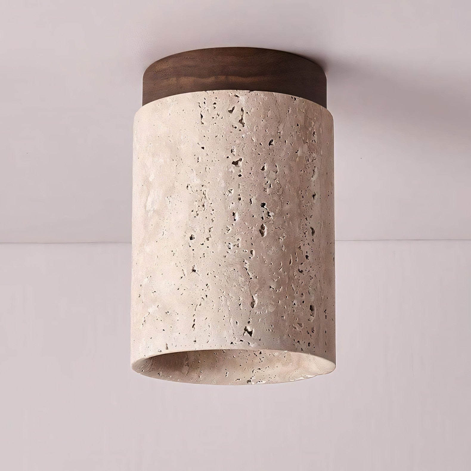 Hyrion Mini Wood And Stone Cylinder Travertine Ceiling Light