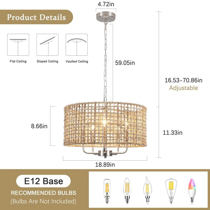 Arlo Bohemian 5 Light Natural Rattan Drum Chandelier