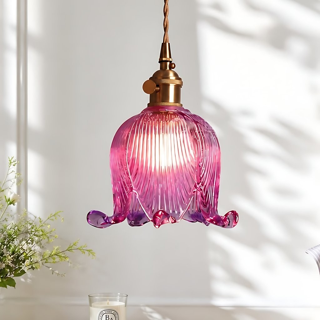 Fawen Retro Floral  Ribbed Glass Shade Pendant Light