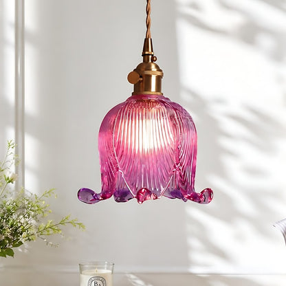 Fawen Retro Floral  Ribbed Glass Shade Pendant Light