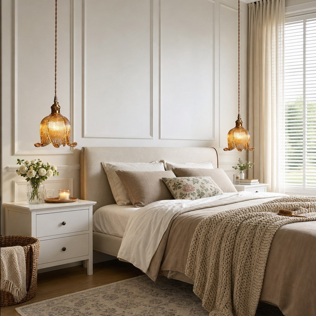 Fawen Retro Floral  Ribbed Glass Shade Pendant Light