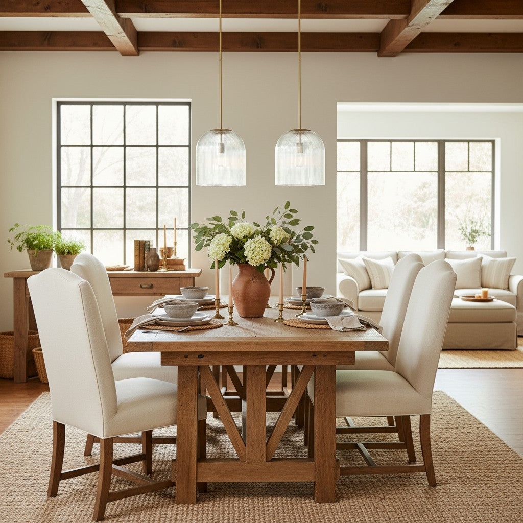 Alain Farmhouse Cooper Ribbed Glass Pendant Light For Dining Room & Kitchen