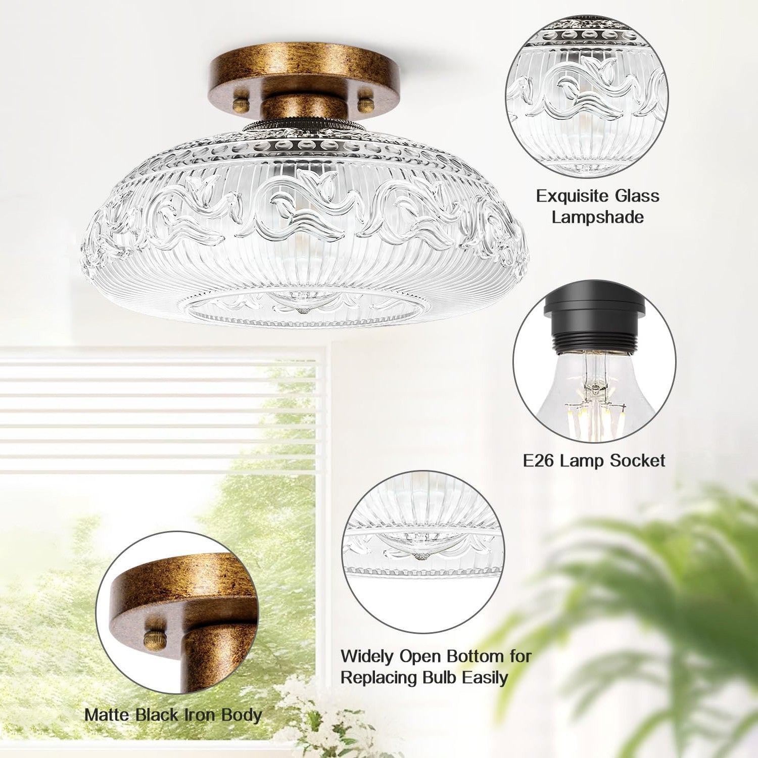 Cassandra American Country Patterned Glass Ceiling Light