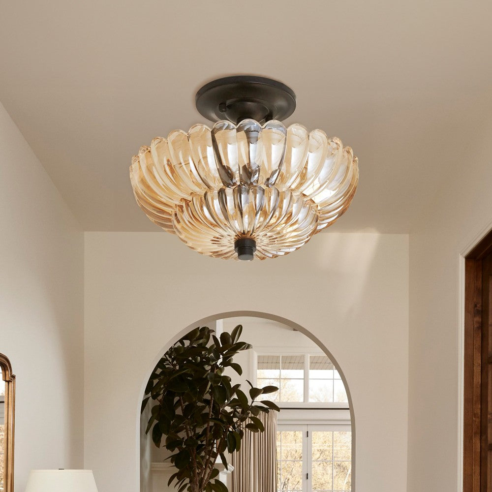 Raveena Vintage Amber Glass Semi Flush Mount Floral Ceiling Light