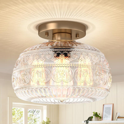 Ixionis Stained Engraved Pattern Glass Flush Mount Ceiling Light