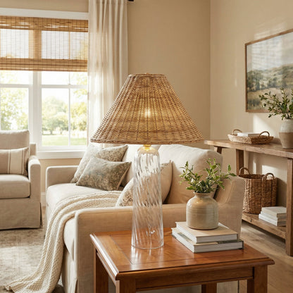 Gunner Boho Natural Rattan & Clear Glass Cylindrical Table Lamp