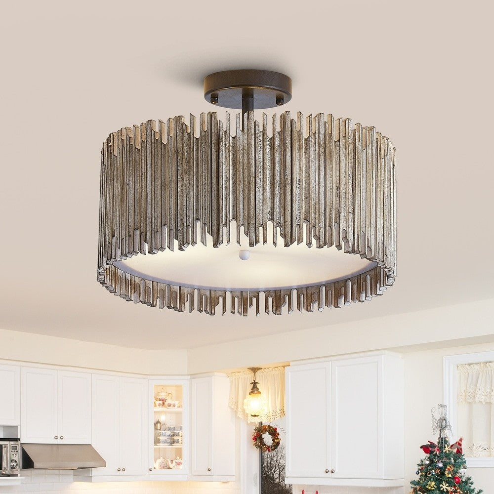 Callio Rustic Distressed White Wood Drum Semi Flush Mount Ceiling Light