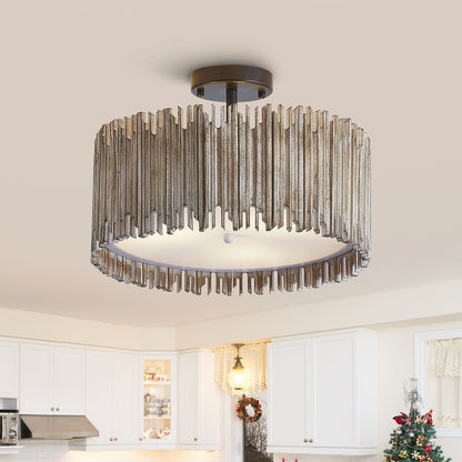 Callio Rustic Distressed White Wood Drum Semi Flush Mount Ceiling Light