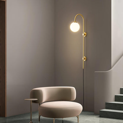 Qorven Minimalist Long Pole Globe Brass Plug In Wall Sconce