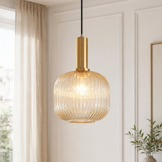 Zarek Lantern Shape Vertical Striped Stained Glass Pendant Light