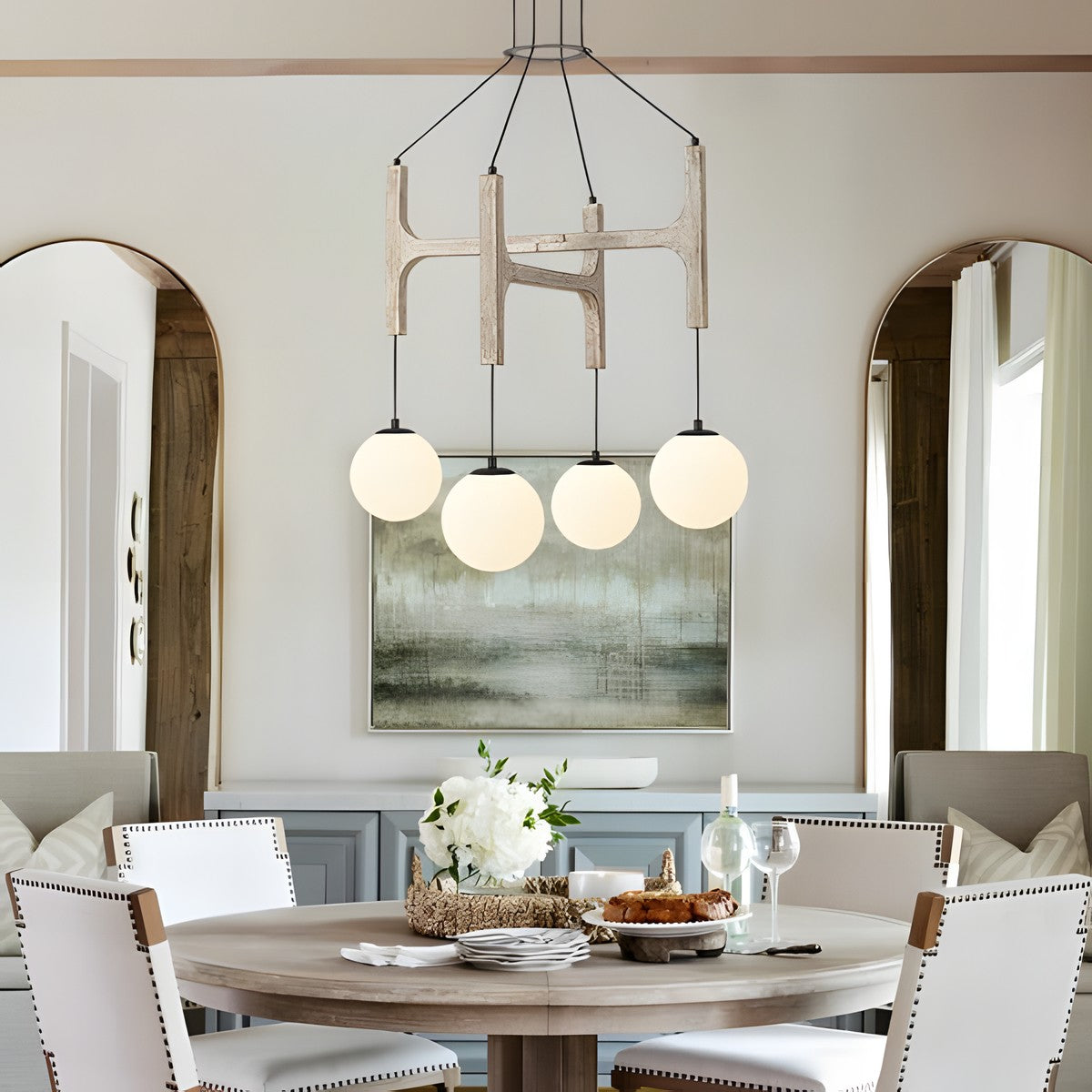 Astraea Farmhouse Wooden Branch Milk Glass Globe Chandelier