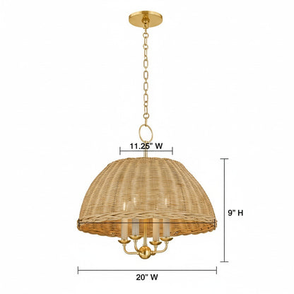 Margaret Minimalist Natural 4-Light Dome Rattan Brass Pendant Light
