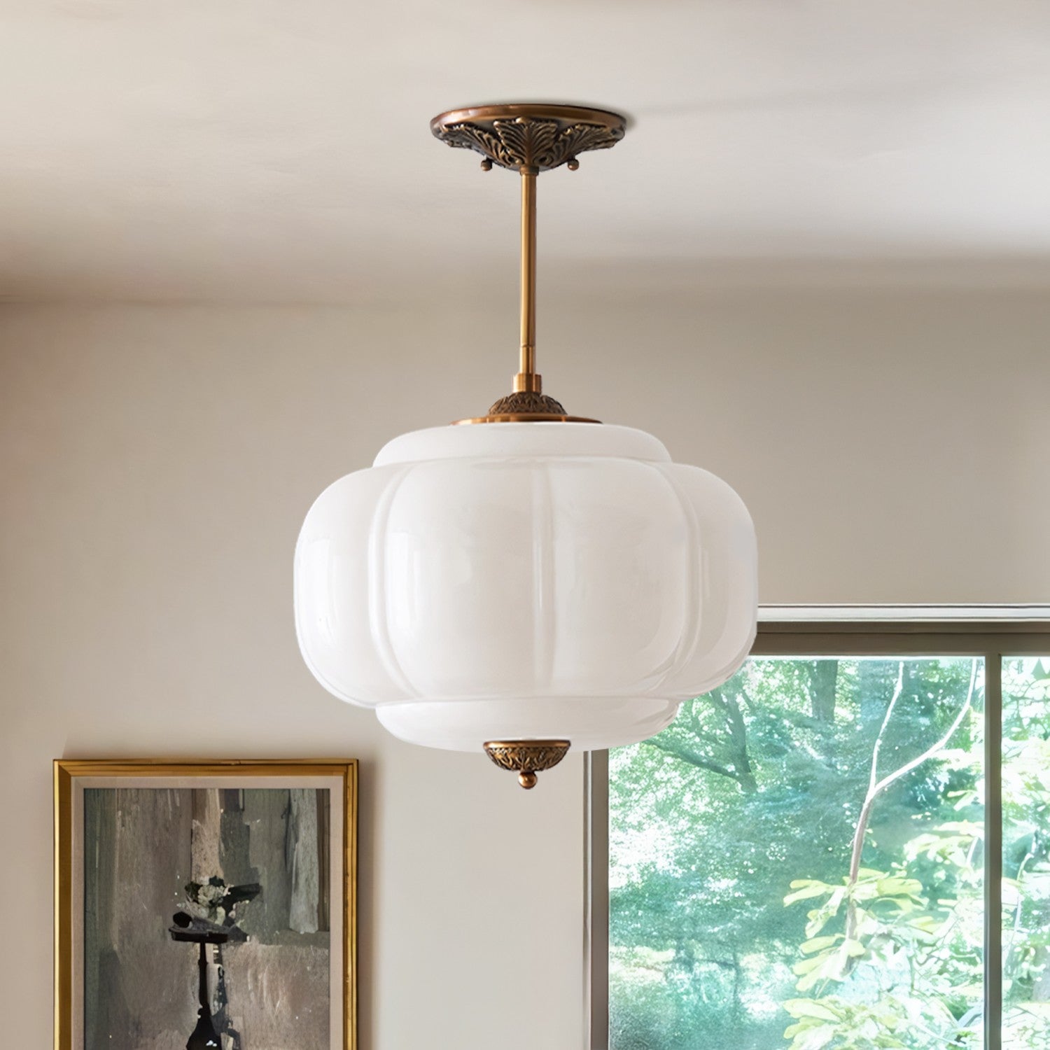 Elegant Eloise Scallop Milk Glass Semi-Flush Mount Ceiling Light - Vintage Brass Frame and Pumpkin Shape