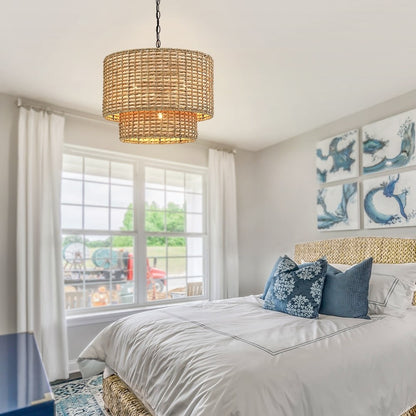 Harland Beachy Natural Rattan Double Drum Pendant Light