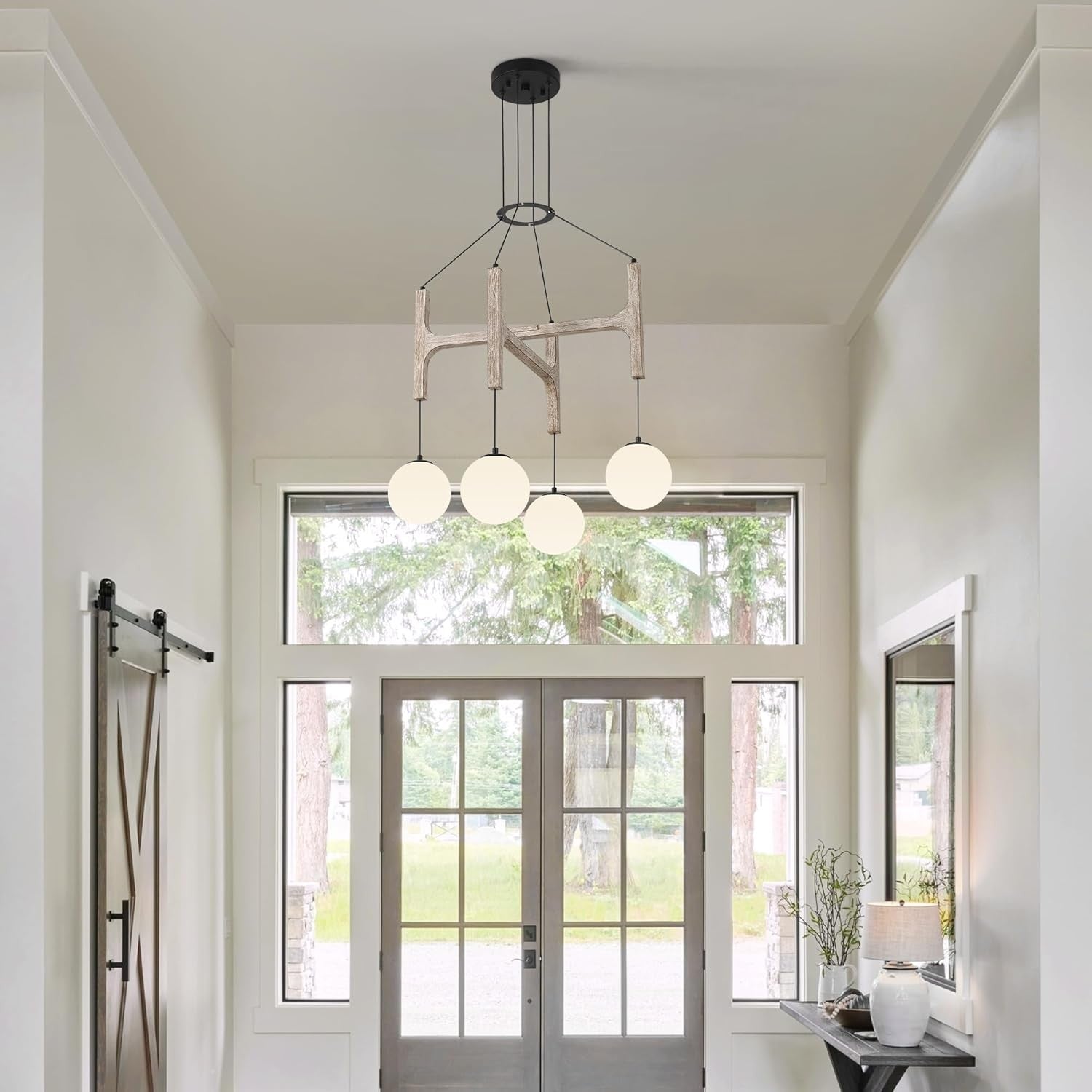Astraea Farmhouse Wooden Branch Milk Glass Globe Chandelier