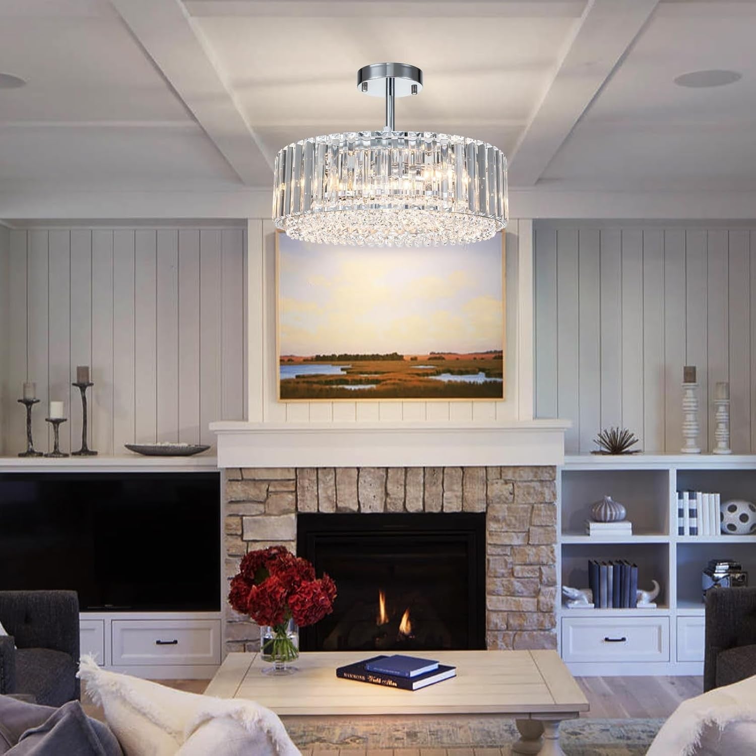 Ryxar Round Ribbed Crystal Semi Flush Mount Light