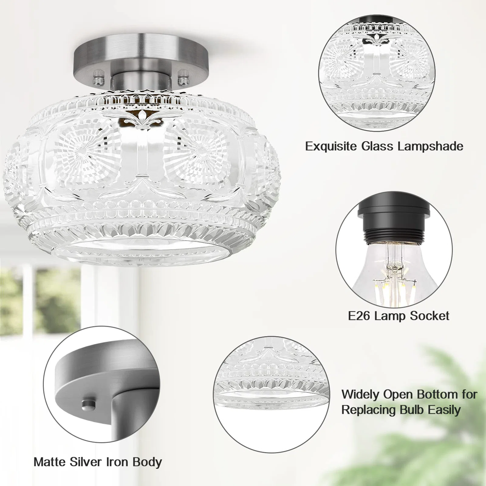 Ixionis Retro Carved Glass Semi Flush Ceiling Light