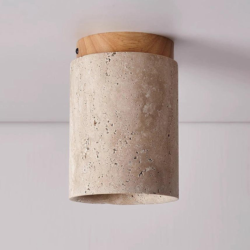 Hyrion Mini Wood And Stone Cylinder Travertine Ceiling Light