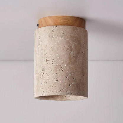 Hyrion Mini Wood And Stone Cylinder Travertine Ceiling Light