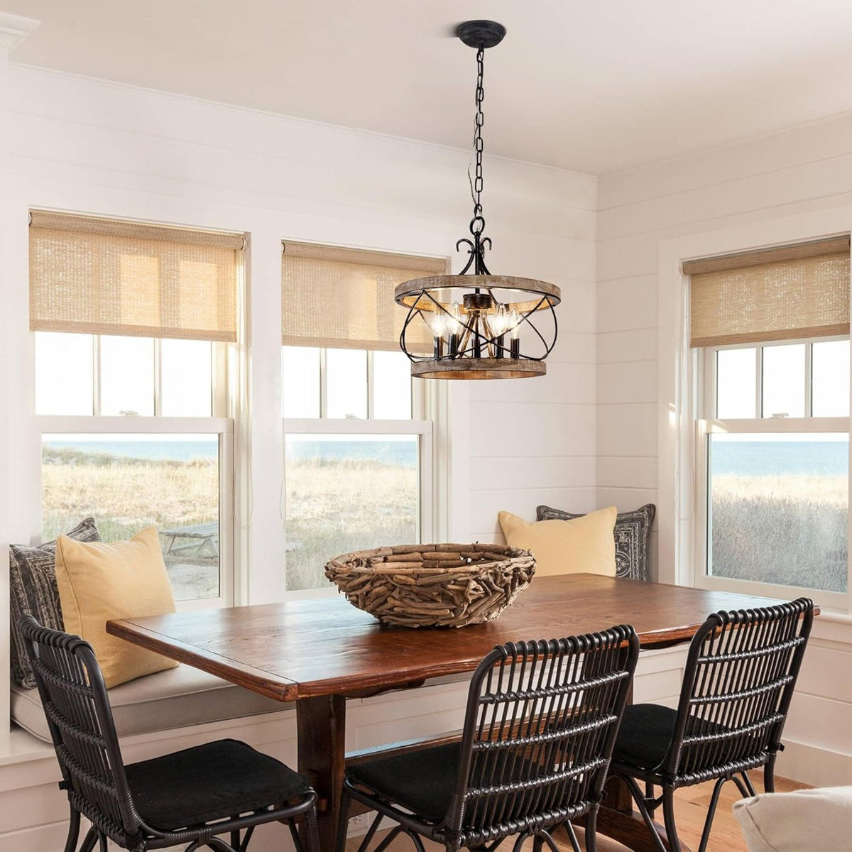 Cael Farmhouse Drum Wood Cage Pendant Light