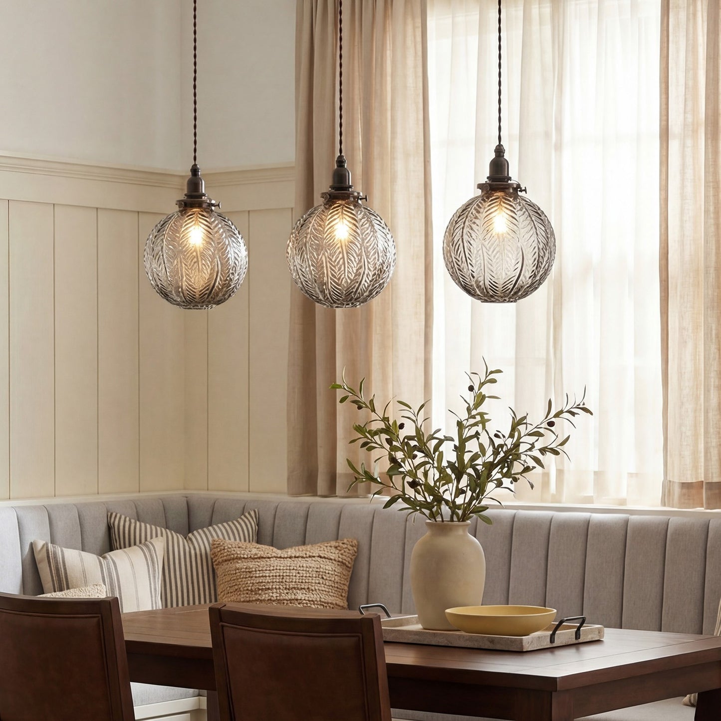 Logana Vintage Feather Texture Glass Globe Pendant Light