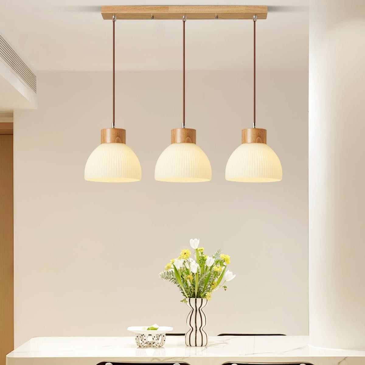Tyrionth Wood Base 3 Light White Ribbed Glass Shade Pendant Light